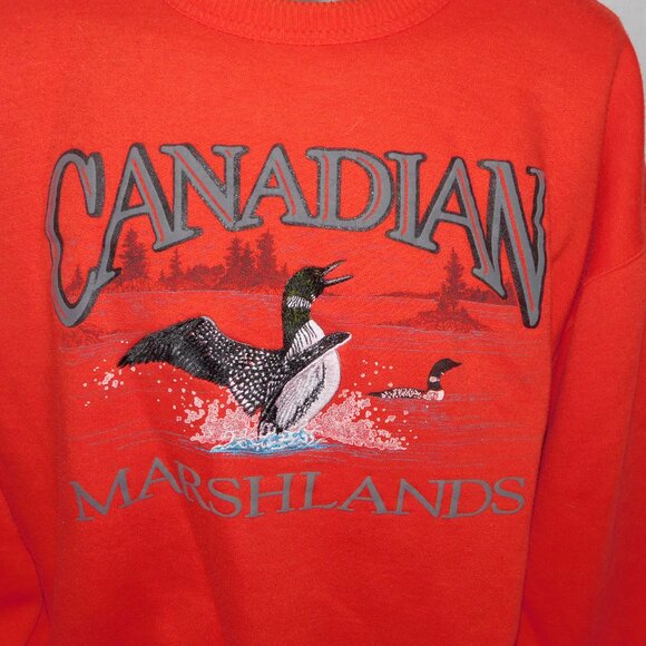 Vintage Marshlands Canada Red Embroidered Loon Bird Crewneck Sweatshirt Mens L - Picture 2 of 7